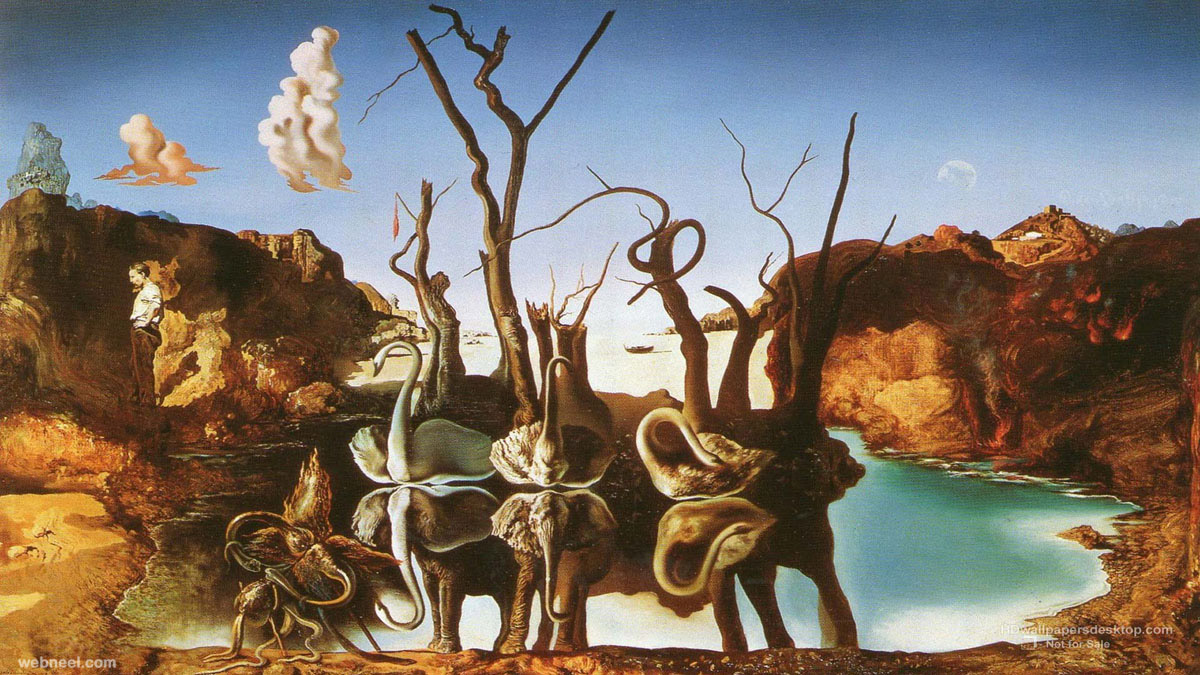 2 reflection elephants illusion paintings by salvador dali